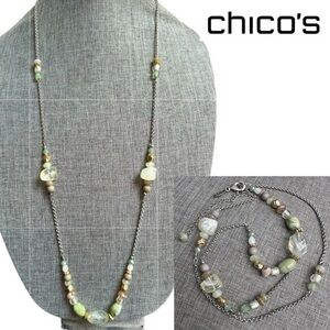 Chico’s Long Green Bead Silver Tone Necklace Boho Classic Casual 34”